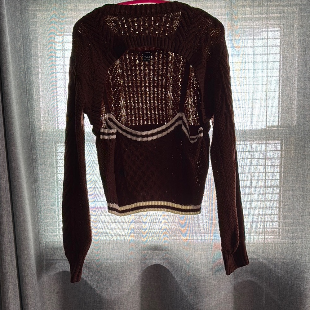 Brown Knit Shrug Sweater with White Accents & attached tank top.